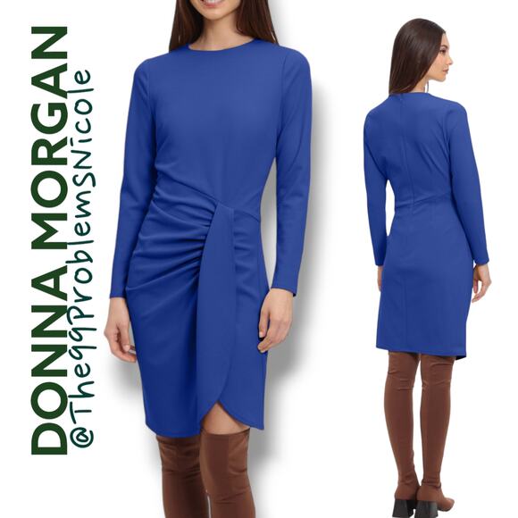 Donna Morgan Blue Long Sleeve Side Drape Dress - Picture 1 of 7